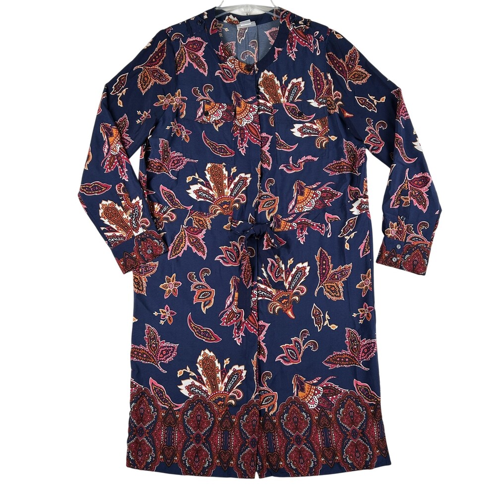 Liz Claiborne Dress Womens Large Paisley Shirt Long Sleeve Belted Knee Length